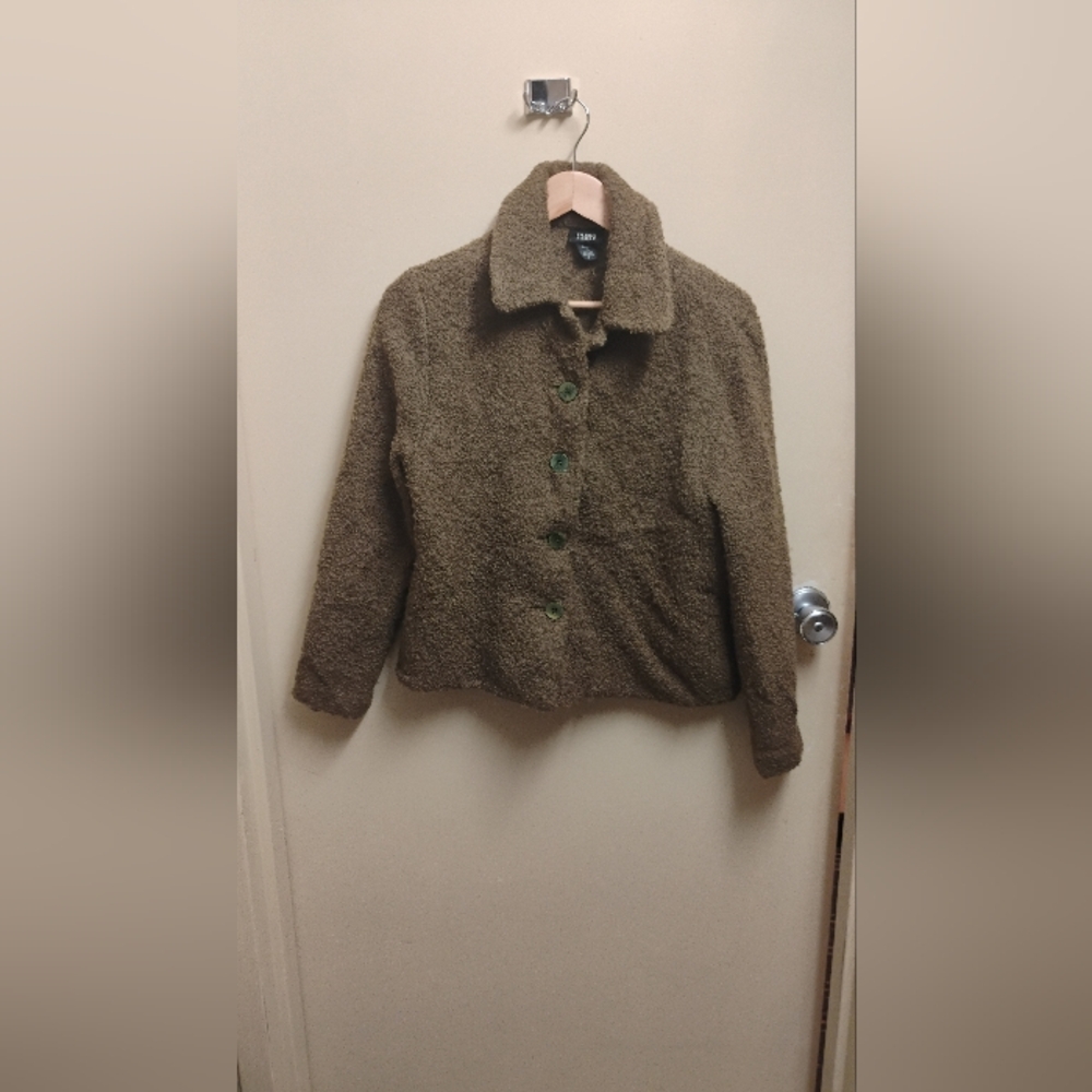 Eileen Fisher Womens Green Wool Blend Textured Buttoned Jacket